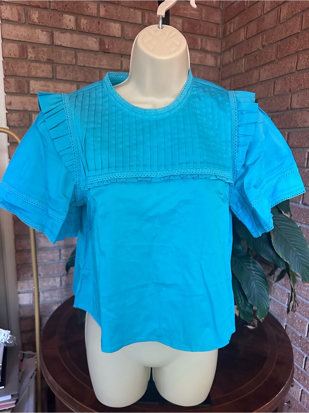 Alden Adair Turquoise Pintuck & Ruffle Sleeve Women’s Blouse XS